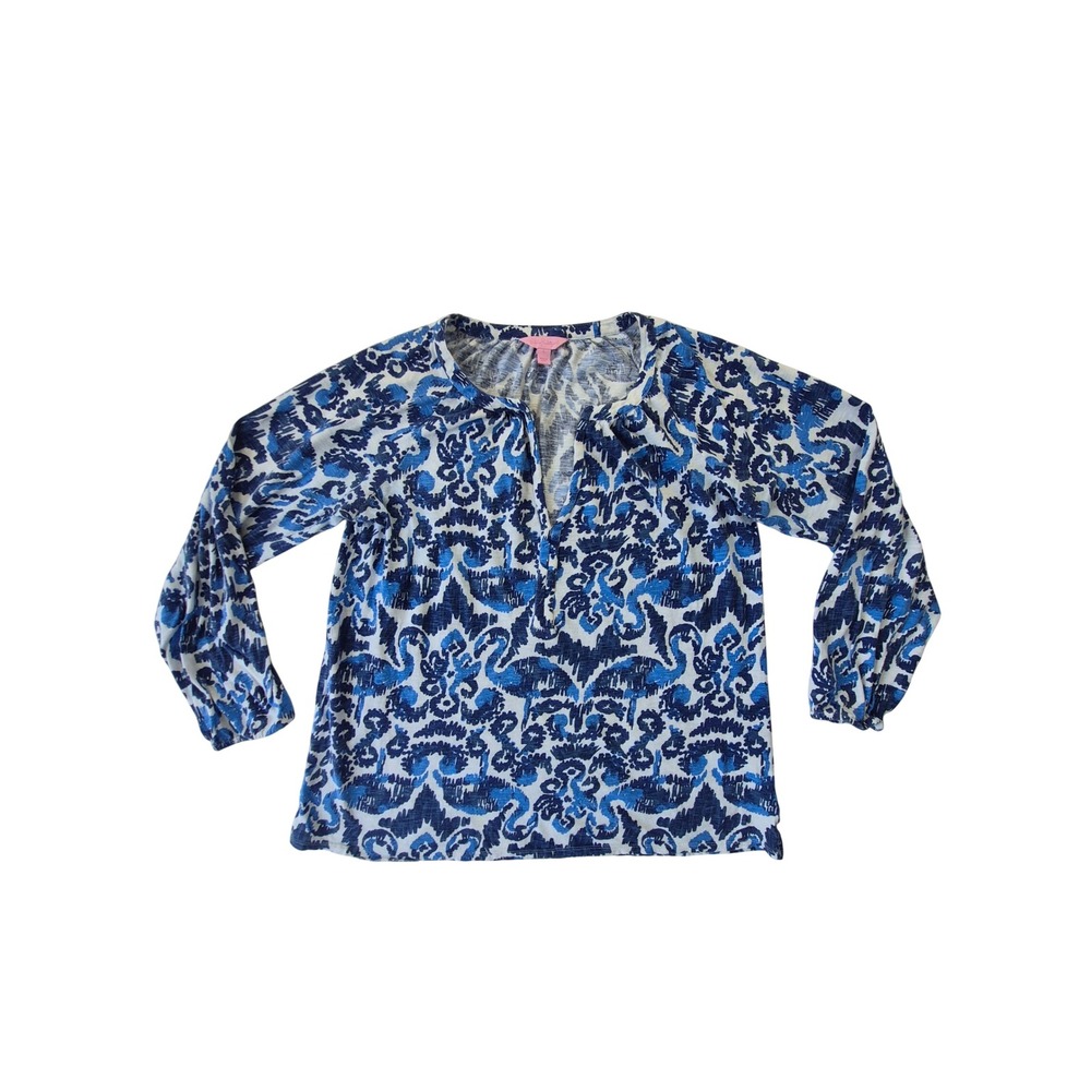 Lilly Pulitzer Kat Blouse Womens L Blue White Flamingo Damask Cotton